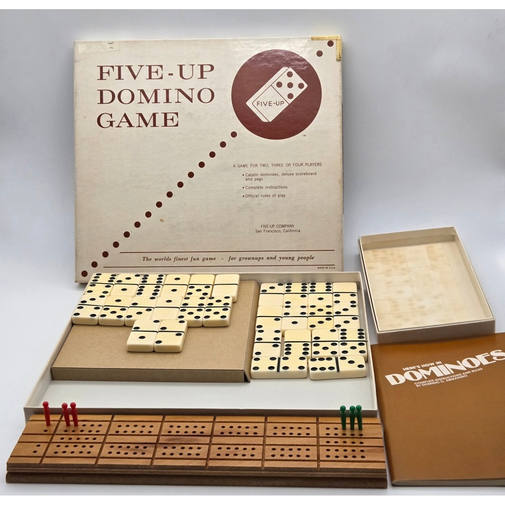 Five-Up Domino Game Vintage 1968 Catalin Dominoes Wood Scoreboard Complete USA